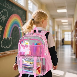 KUI WAN Clear Backpack, Large Clear Bag Stadium Heavy Duty PVC Transparent See Through Backpacks for Girls with Cute Unicorn Print