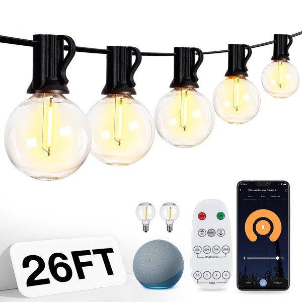 addlon 26FT Outdoor String Lights,Smart Patio Lights with 12+2 Shatterproof Dimmable G40 LED Bulbs with APP & Remote Control,Work with Alexa & Google Assistant for Porch Yard
