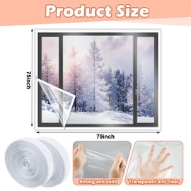 Beeveer 75 x 79 Inch Window Insulation Kit Cuttable Transparent Film with Adhesive Straps Reusable Window Plastic for Winterizing Thicken Thermal Waterproof Attic Insulation Cover Warm Winter