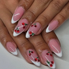 White French Tip Press on Nails Almond Medium Fake Nails with 3D Cherry Designs Glossy Glue on Nails Pink Nails Press ons Artificial False Nails Acrylic Stick on Nails for Women 24 Pcs