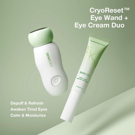 SKNBODY CryoReset Kit de Cuidado de Ojos, Masajeador Facial con Efecto Frío y Crema para Ojeras, Reduce Hinchazón, Revitaliza y Aclara