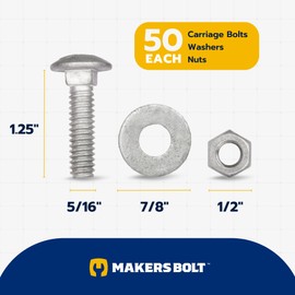 5/16" x 1-1/4" (50 Pack) Galvanized Carriage Bolt Kit Grade 307A Includes 5/16" USS Flat Washers (50 pcs) and 5/16"-18 Hex Nuts (50 pcs), Hot Dip Galvanized for Exterior Use by Makers Bolt