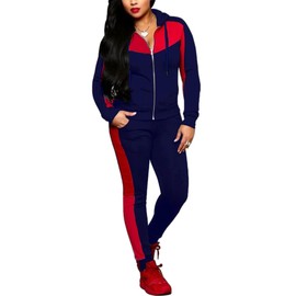 Bealin Women's Jogging Sets 80s 90s Two Piece Outfits Sweatsuit Long Sleeve Zip Tops and Sweatpants Workout Tracksuit Sets Navy Blue XL