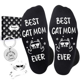 HAPPYPOP Cat Mom Socks for Women - Funny Birthday Gifts for Mom, Cat Gifts for Animal Lovers with Keychain
