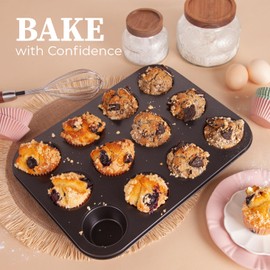 CARTMAN Muffin Tray with 12 Cavities + 200 Paper Cups, Non-Stick Carbon Steel Muffin Tray, Baking Mould for Muffins, Cupcakes, Brownies & More