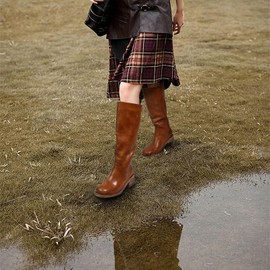 UBWDU Brown Platform Boots for Women Knee High Wide Calf Long Boots Square Toe Chunky Heel Campus Tall Boots Low Heel Size 7.5