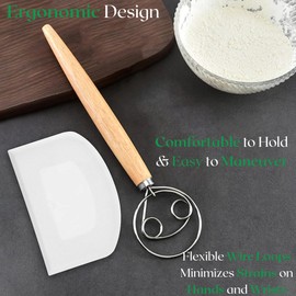 KitchenThinker 13 Inch Danish Dough Whisk with Dough Scraper, Dutch Bread Whisk with Stainless Steel Dough Hook, Sourdough Whisk for Baking, Danish Whisk for Dough, Dutch Whisk for Dough, Bread Whisking Tool