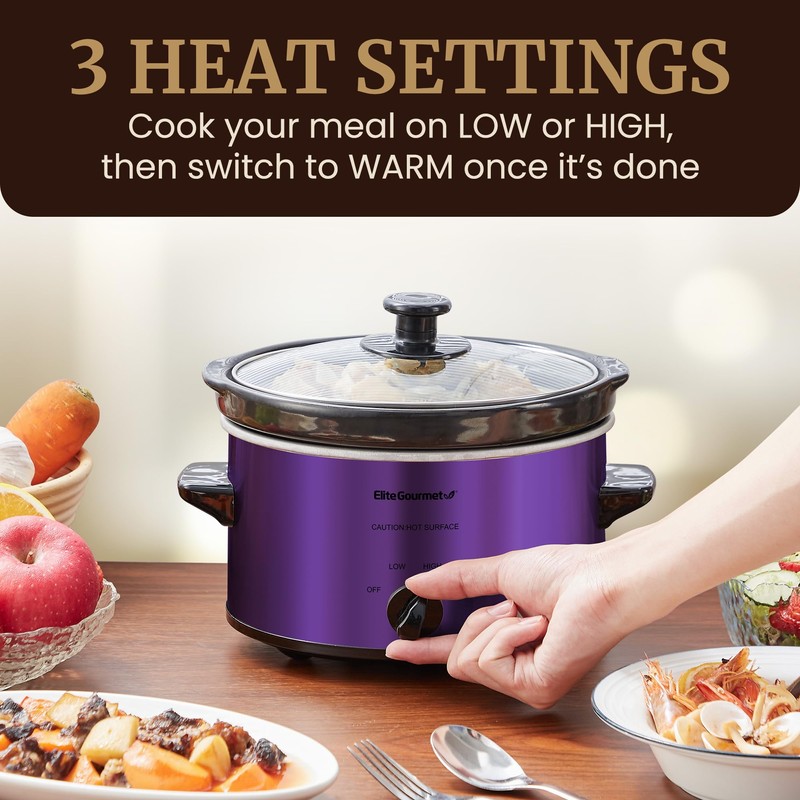 Elite Gourmet MST-275XP Electric Oval Slow Cooker, 2Qt Capacity, Purple
