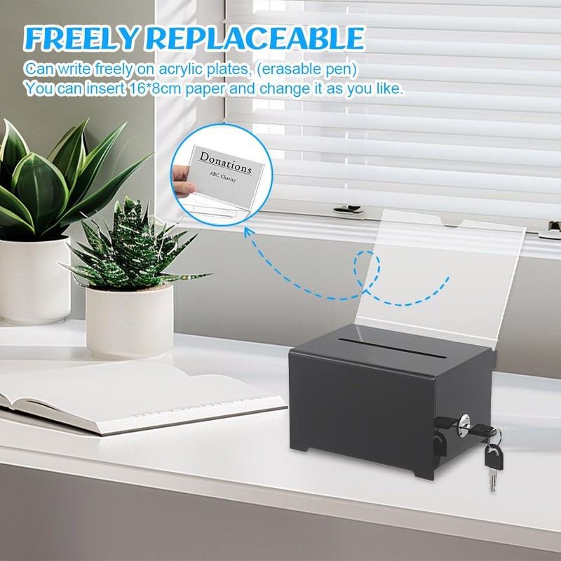 XPJBKC Lockable Acrylic Donation Box with Key, 16 x 12