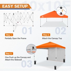 EAGLE PEAK Pop Up Canopy Tent with 1 Sidewall, Easy Setup Event Tent, Outdoor Sun Shade, Wheeled Carry Bag, Stakes and Guy Ropes, Instant Canopy 10x10, Orange