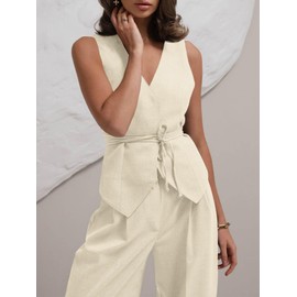 Cicy Bell Womens 2 Piece Outfits V Neck Tie Waist Blazer Vest and Wide Leg Business Casual Suit Pants Sets Apricot