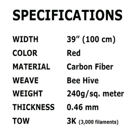 KARBXON - 1m Wide (39.8 in) Carbon Fiber Beehive Weave Fabric - RED - 3K - 240g/meter - Advanced Tech Fiber Cloth - Wide Hemmed for Repair, DIY Projects
