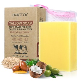 OUKEYA Natural Beef Tallow Soap Bar, Moisturizing, Gentle for Face & Body, Organic Tallow Soap for Dry Skin, Sensitive Skin, Skin Care, Chemical-Free, Cruelty-Free, 115g