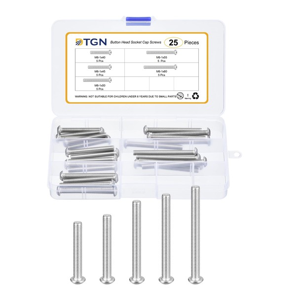 DTGN 25Pcs M6-1x40/45/50/55/60mm Button Head Socket Cap Screws - 304