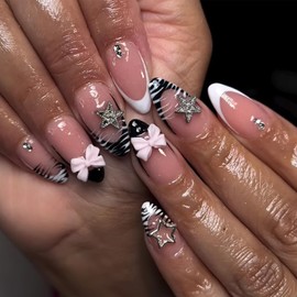 FNKFNK French Tip Press on Nails Medium Almond Fake Nails with Rhinestones Design Glossy Zebra Stripes False Nails Reusable 3D Star Bow Charms Stick on Nails for Women Nail Decor 24Pcs