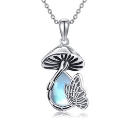 VENACOLY Mushroom Necklace 925 Sterling Silver Moonstone Mushroom Butterfly Pendant Necklace Mushroom Jewellery for Women Mushroom Lovers, Sterling Silver, No Gemstone