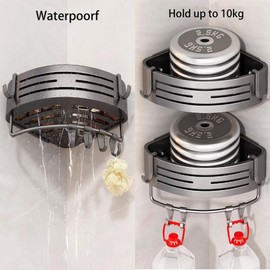 MZSX Double Shower Shelf, No Drilling Shower Shelf, Corner Shelf, Triangle Shower Basket, Wall Mounted, Bathroom Shelf, Shower Shelf for Bathroom, Kitchen, Storage, Organiser, Aluminium with 4 Hooks