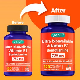 VANI 750MG Benfotiamine with B1, 5X Time Fat & Water Soluble Thiamine B1 Supplement – Third Party Tested, No Gluten (120 Capsules)