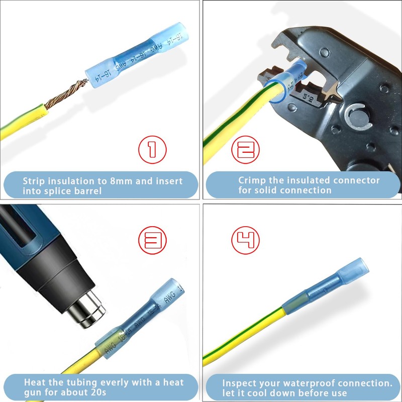 Heat Shrink Butt Wire Connectors, 100Pcs 16-14 AWG Blue Insulated