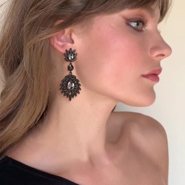 EVER FAITH Charcoal Grey Crystal Dangle Earrings for Women, Sparkly Rhinestone Vintage Style Art Deco Pierced Drop Earring Wedding Prom Party Jewelry for Brides Bridesmaid Black-Tone