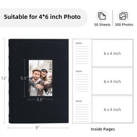 Vienrose Photo Album 4x6 300 Photos Linen Frame Cover with Memo Areas Photobook Large Capacity Slip-in Pictures Book for Wedding Baby Vacation, Black