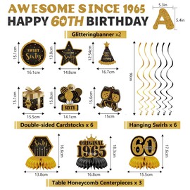 11pcs Happy 60th Birthday for Men Women Decorations,sixty Bday Banner Ceiling Table Topper Sign Awesome Since 1965 Old Black and Gold Kit Swirls Party Decorations Supplies
