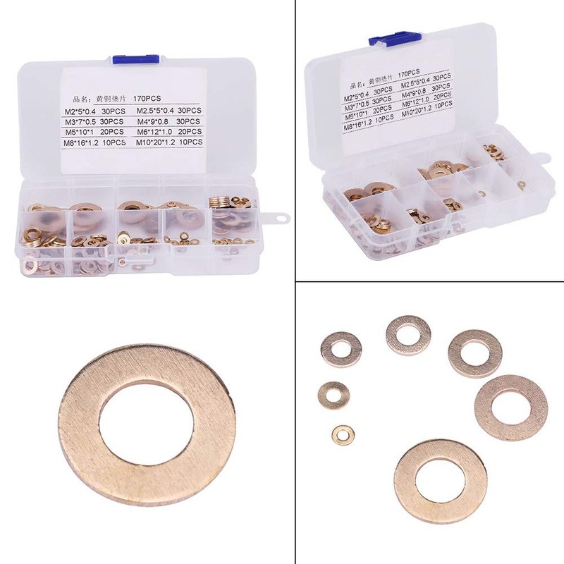 Copper Washer Kit,180Pcs M2/M2.5/M3/M4/M5/M6/M8/M10 Round Brass Flat Ring Washer Assortment