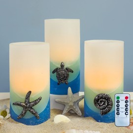 PETRISTRIKE Blue Flameless Candles, Nautical Themed Starfish, Conch, Seahorse Flickering Flameless Candles with Timer, Remote Set of 3 Pillar Led Candles for Wedding,Bedroom,Party,Gift