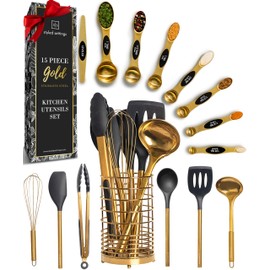 Styled Settings Black and Gold Kitchen Utensils Set - 15 Piece Set Includes Gold and Black Silicone Cooking Utensils with Gold Utensil Holder and Gold Magnetic Measuring Spoons - Gold Kitchen Set