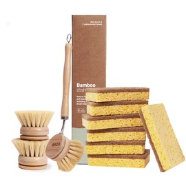 Vove | Eco Kitchen Cleaning Bundle | Bamboo Dish Brush & 6 Natural Kitchen Sponges | with 3 Replacement Heads | Sustainable Cleaning | Plastic-Free | Versatile Cleaning | High-Performance