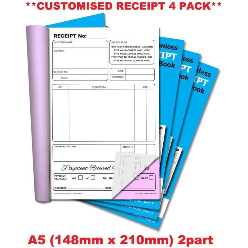 Cherry Carbonless NCR **Custom** Receipt Duplicate Book A5 50 Sets