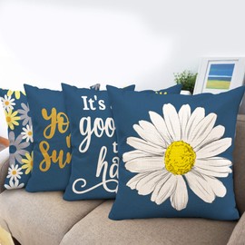 Hexagram Decorative Pillow Covers 16x16 Set of 4, Spring Summer Decorations for Home Sunflower Decor Pillows Navy Blue Pillow Covers for Couch Sofa Indoor Outdoor Spring Summer Decor