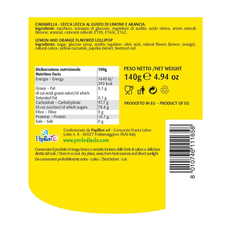 Perle di Sole Assorted Lemon and Orange Lollipops Individually Wrapped