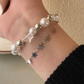 Vintage Punk Star Pearl Double Layer Beaded Chain Lightweight Bracelet Aesthetic Accessories Grunge Cool Couple Friendship Jewelry for Women (Style 1, One Size)