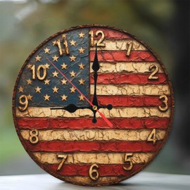 Lancholy American Flag Wall Clock Vintage Rustic Decor Home 10-Inch Wooden Wall Clock, Silent Movement, Battery Operated (AA Batteries Not Included), Artistic Home Decor, Perfect for Home Accents