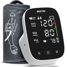 BESTEK Monitor De Presión Arterial, Tensiómetro Automático De Brazo Para Uso Doméstico, Brazalete De Presión Arterial Con Transmisión Por Voz Y Lcd Grande Digital, Cómodo Y Portátil Para Viajes En Cas