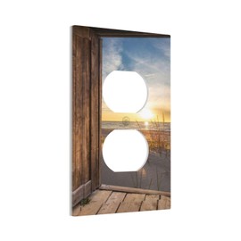 Sun Beach Grass Ocean Landscape 1 Gang Duplex Outlet Covers Light Switch Cover Decorative Electrical Switchplate Farmhouse Western Brown Barn Door Faceplate for Bathroom Bedroom Home Decor