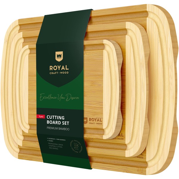 Luxury Cutting Boards for Kitchen - Reversible Wood Cutting Board Set, Thick Chopping Board - Wooden Cutting Board Set with Juice Groove - Bamboo Cutting Board for Meat, Veggies, Fruits (Set of 3)