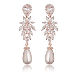 18K Gold Crystal Pearl Drop Earrings for Women,Dainty Freshwater Pearl Branch Style Dangle Earrings,Fashion Earrings Jewelry Gift for Her (Rose Gold, 18K Gold)