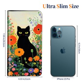 SichKards Ultra Slim Wallet for Women - PU Leather Travel Wallet with RFID Protection,Large Capacity Credit Card Holder for Cash,Passport,Tickets,Black Cat Wildflower