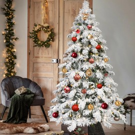5FT Prelit Flocked Christmas Tree, Realistic Full Pre Lit Xmas Tree with 375 Branch Tips and 200 Warm White Lights, Premium Artificial Christmas Tree with Metal Base & Hinged for Holiday Decoration