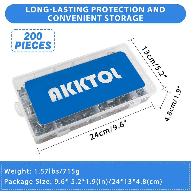 AKKTOL 200-PCS Rivet Nut Kit, Stainless Steel Rivnuts Kit, SAE