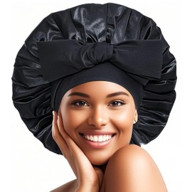 Satin Bonnet Silk Bonnet for Sleeping Women Hair Bonnet Night Sleep Cap Satin Hair Bonnets with Tie Band Large Size Hair Cap for Thick Curly Hair Braid (Black)