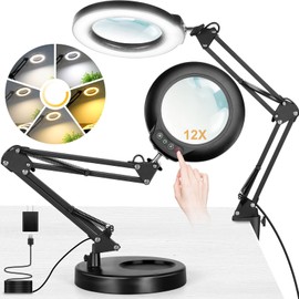 IVMAIE 12X Magnifying Glass with Light and Stand, 2-in-1 Lighted Magnifier with Clamp, 5 Color Modes Dimmable LED Desk Lamp Hands Free for Painting Craft Jewelry Sewing Hobby Model Close Work