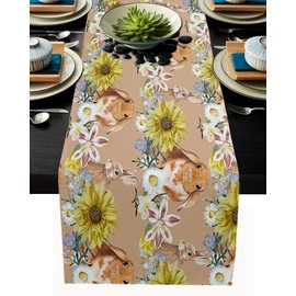 Easter Table Runner Cute Bunny Cotton Linen Dresser Scarves Sunflower Floral Watercolor Non-Slip Runner Rectangle Kitchen Tablecloth for Spring Easter Holiday Parties Home Decor 13x90 inches