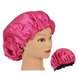 Satin Bonnet Silk Hair Bonnet Double-Layer Adjustable Sleep Cap with Drawstring (Pink/Black)