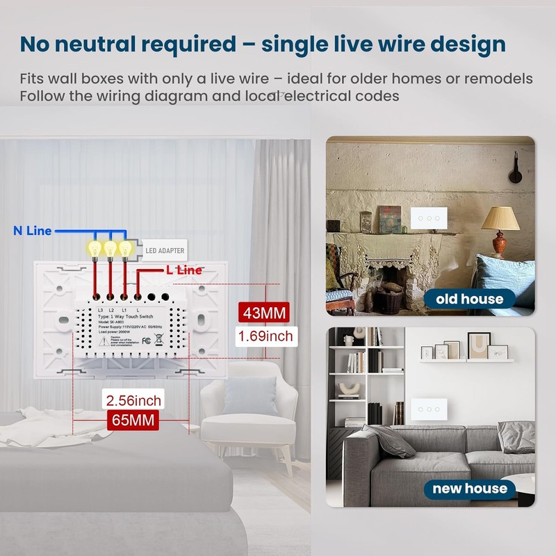 1000W Touch Light Switch No WiFi,4.65 × 2.83 × 1.34