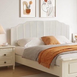 Keydo Velvet Upholstered Headboard King Size with Sturdy and Durable Metal Leg, Adjustable Height from 38” to 44”, Modern Linear Design, Beige