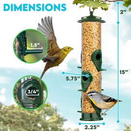 Bird Feeders for Outdoors (Green) Squirrel Proof Hanging Bird Feeder with Locking Lid & Adjustable Hanger, Chew-Proof, Weather Resistant 15 Inches 6 Port