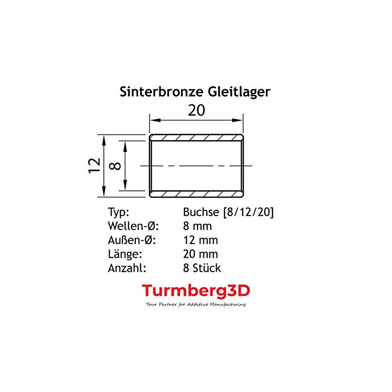 Turmberg3D - 8x Sintered Bronze Plain Bearings 8/12/20 mm Cylinder